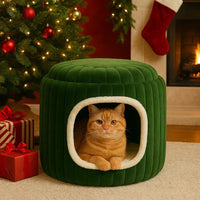 zigly cozy green cat bed with ginger cat inside near Christmas tree and fireplace