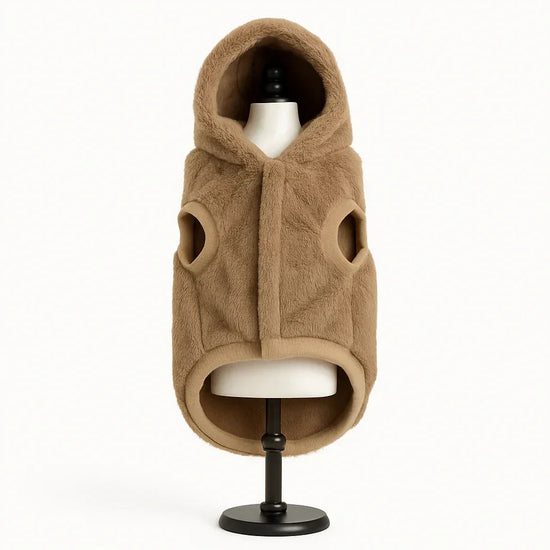 Zigly brown plush dog hoodie with hood and armholes on a black stand