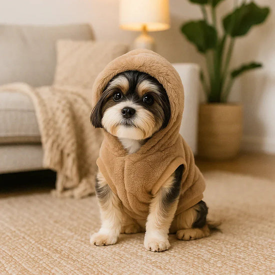 Cute small dog wearing a cozy brown hoodie sitting indoors, zigly style pet fashion