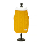 Zigly mustard yellow cable knit dog sweater with white collar on black stand