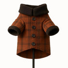 Zigly brown plaid dog coat with black buttons and fleece collar and cuffs
