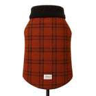 Zigly plaid dog coat in orange and black with black fleece collar and Zigly Lifestyle tag