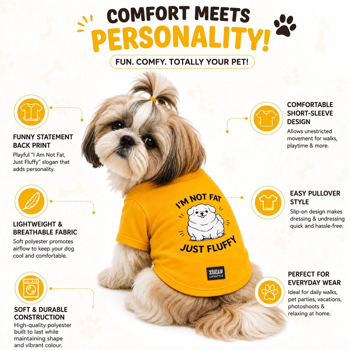 Zigly Lifestyle Fab & Fluffy Dog T-Shirt - Yellow