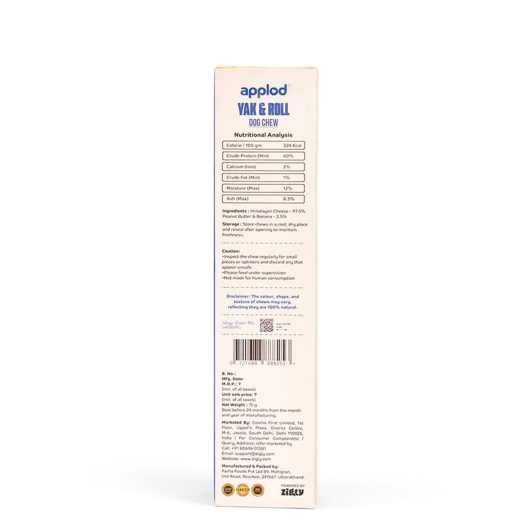 Applod Yak & Roll Peanut Butter & Banana Yak Chew for Dogs