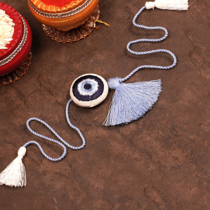 Festive Evil Eye Blue Dog/Cat Rakhi - Handmade with Tassel, Fabric & Dori | 35cm
