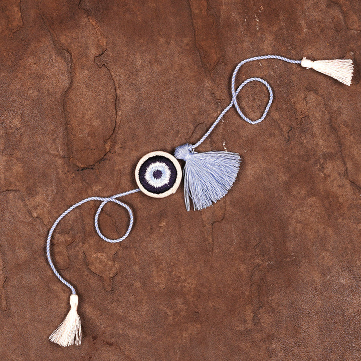 Festive Evil Eye Blue Dog/Cat Rakhi - Handmade with Tassel, Fabric & Dori | 35cm