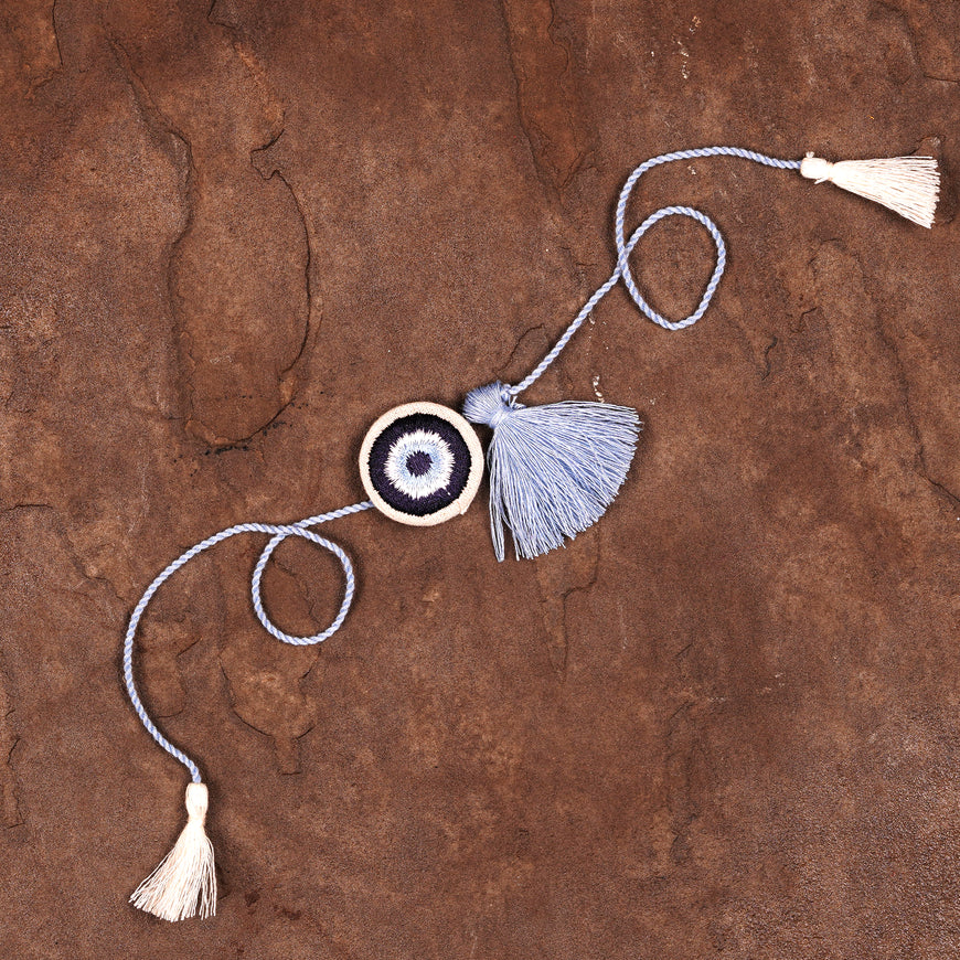 Festive Evil Eye Blue Dog/Cat Rakhi - Handmade with Tassel, Fabric & Dori | 35cm