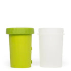 zigly green plastic container with lid next to translucent white container on white background
