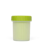 Zigly translucent plastic container with green screw-on lid isolated on white background