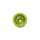 Zigly bright green circular object with radial internal spokes on white background