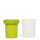 zigly white plastic jar with screw-top green lid on white background