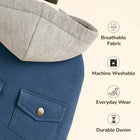 Zigly denim hoodie with gray hood, pocket detail, breathable fabric, machine washable, durable denim