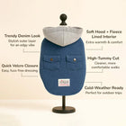 Zigly denim-look dog hoodie with soft fleece-lined hood, quick Velcro closure, and cold-weather design