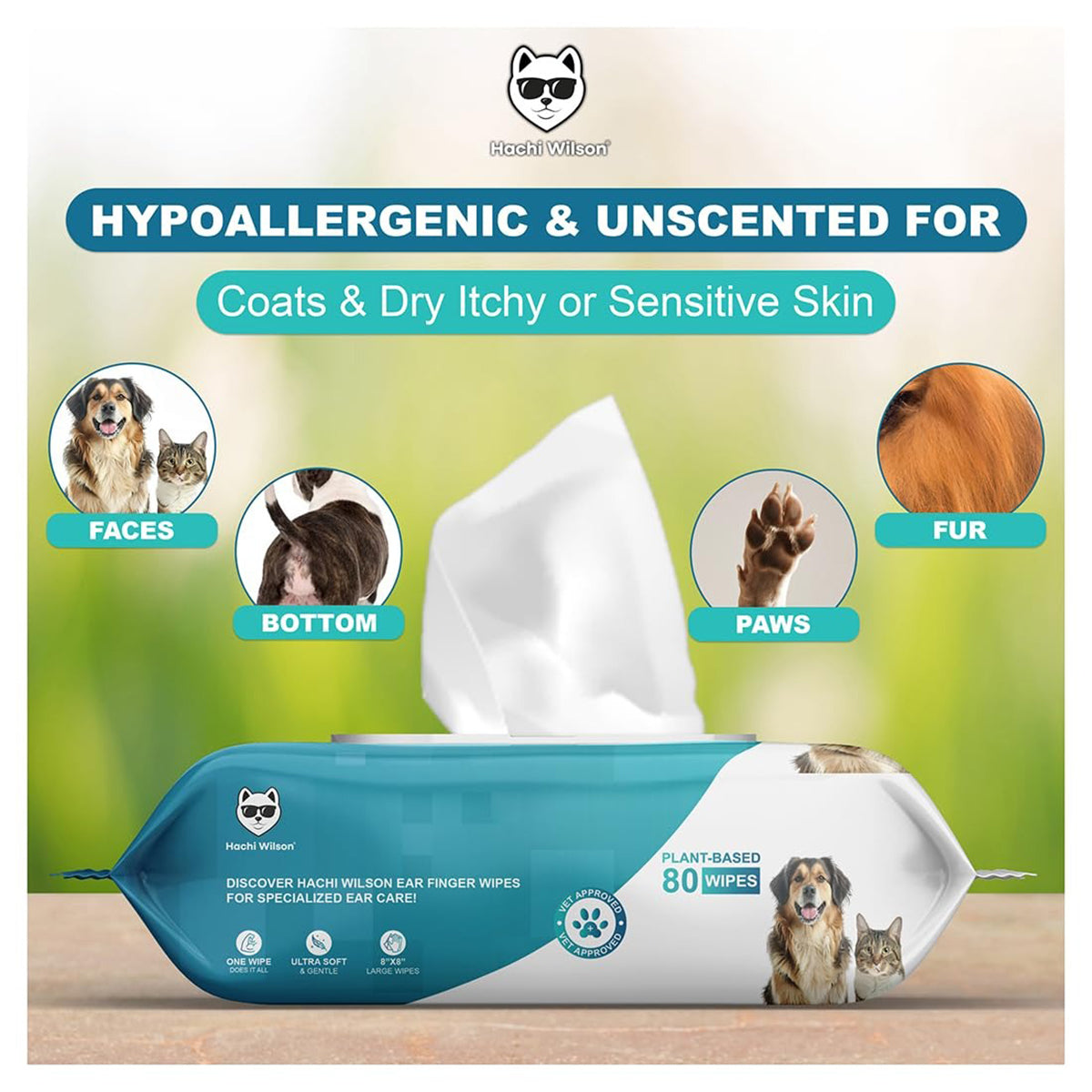 Hachi Wilson Premium Hypoallergenic Plant - Based Pet Wipes - (Pack of 1) 250g