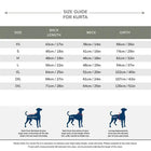 Zigly kurta size chart for dogs showing XS to 3XL with measurements for back, neck, girth.