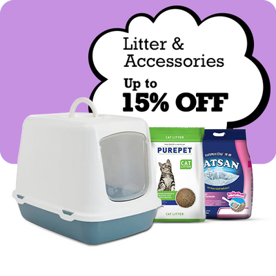 Cat litter box and cat litter packages with promotional text on a purple background