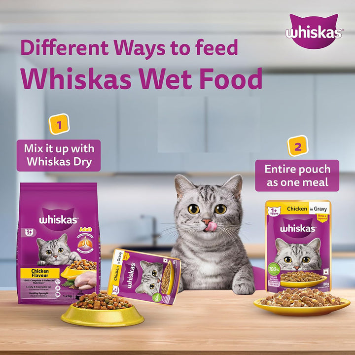 Whiskas Chicken in Gravy Wet Cat Food - All Breeds Adult (+1 year) - 80g (Pack Of 56)
