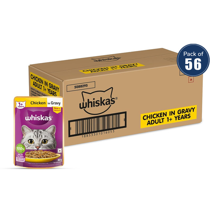 Whiskas Chicken in Gravy Wet Cat Food - All Breeds Adult (+1 year) - 80g (Pack Of 56)