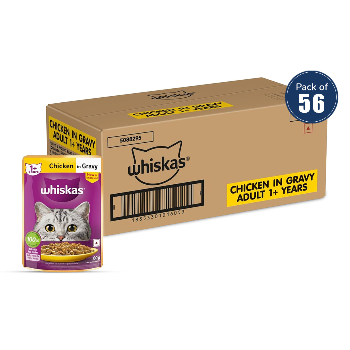 Whiskas Chicken in Gravy Wet Cat Food - All Breeds Adult (+1 year) - 80g (Pack Of 56)