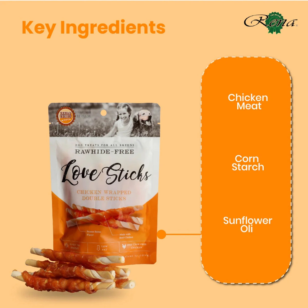 Rena Love Chicken Wrapped Double Sticks Dog Treat - 146g (10 Pieces)
