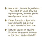 Zigly kitten food highlights natural ingredients, taurine, and formula benefits on white background.