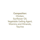 Zigly pet food ingredients list with chicken, sunflower oil, vitamins, minerals, taurine
