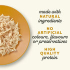 Zigly shredded pet food on a yellow plate, natural ingredients, high protein, no artificial additives.