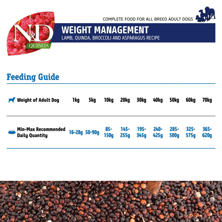 Farmina N&D Grain Free Quinoa Weight Management - (Lamb, Broccoli & Asparagus) Dry Dog Food - All Breeds Adult - 2.5kg