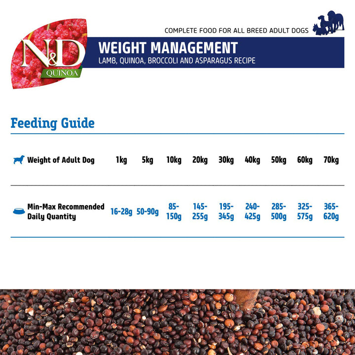 Farmina N&D Grain Free Quinoa Weight Management - (Lamb, Broccoli & Asparagus) Dry Dog Food - Medium/Maxi Breeds Adult - 7kg
