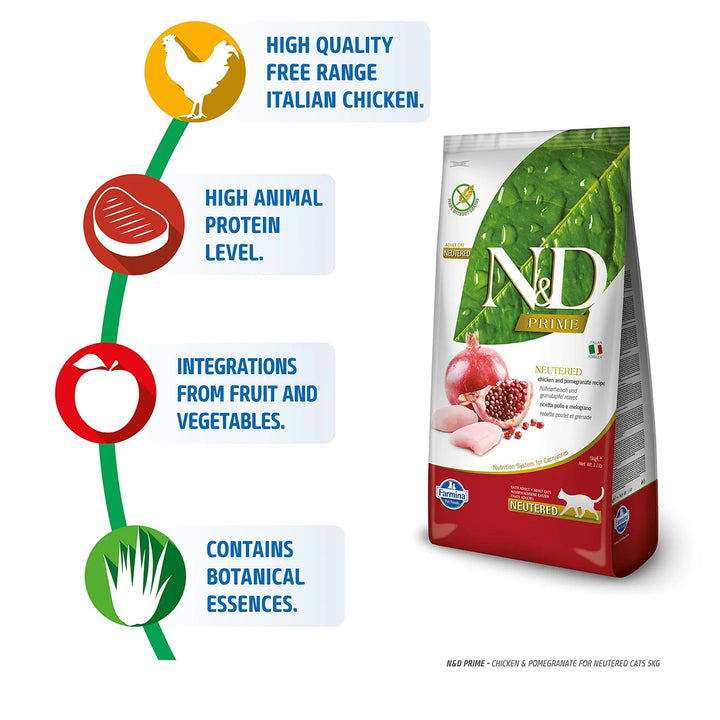 Farmina N&D Grain Free Prime Chicken & Pomegranate Dry Cat Food - All Breed Neutered Adult - 1.5kg