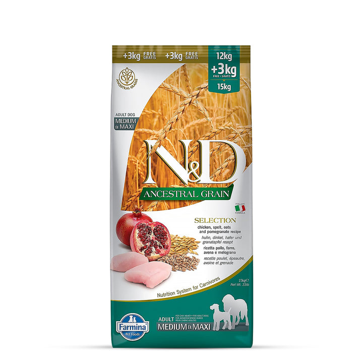 Farmina N&D Ancestral Grain Selection Chicken & Pomegranate Medium & Maxi Breed Adult - Dry Dog Food - 12 + 3kg