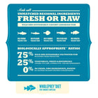 Zigly pet food label showing wild-caught Canadian fish, fresh or raw, nutrition ratios and ingredients.