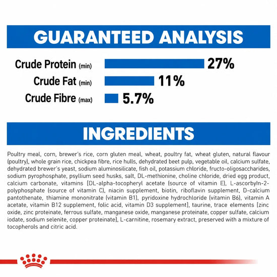 Guaranteed analysis and ingredients list for Royal Canin Indoor dry cat food at Zigly