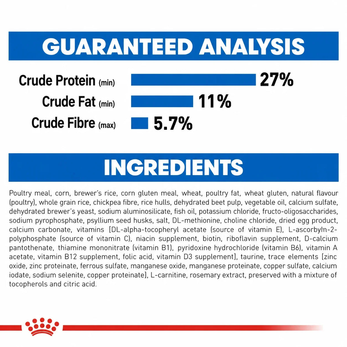 Guaranteed analysis and ingredients list for Royal Canin Indoor dry cat food at Zigly