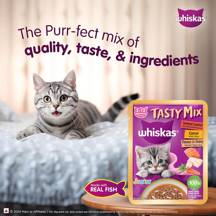 Whiskas Tasty Mix Seafood Cocktail Carrot Gravy Kitten Wet Cat Food - 70g
