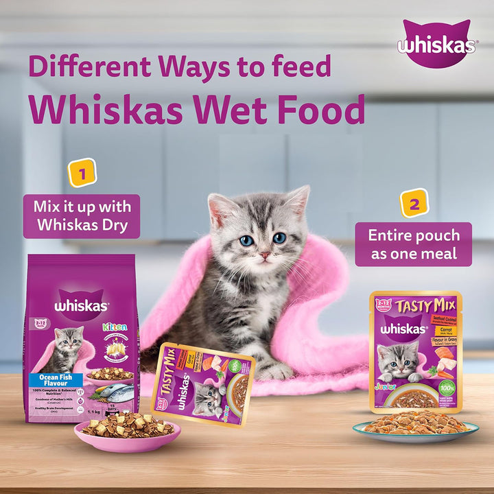 Whiskas Tasty Mix Seafood Cocktail Carrot Gravy Kitten Wet Cat Food - 70g