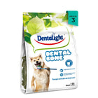 Zigly Dentalight dental bone dog treats pack of 3 with a dog brushing teeth on green leaf background
