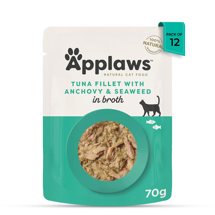 Applaws Tuna Fillet with Whole Anchovy & Seaweed Wet Cat Food - All Breeds Adult - 70g (Pack Of 12)