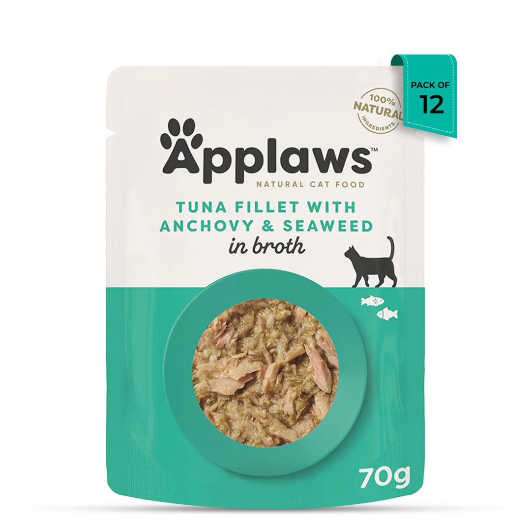 Applaws Tuna Fillet with Whole Anchovy & Seaweed Wet Cat Food - All Breeds Adult - 70g (Pack Of 12)
