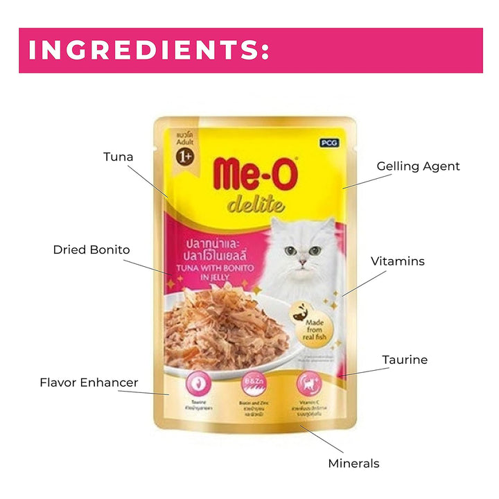 Me-O Delite Tuna with Bonito in Jelly Wet Cat Food - All Breed Adult - (70g x 12 Pouches)