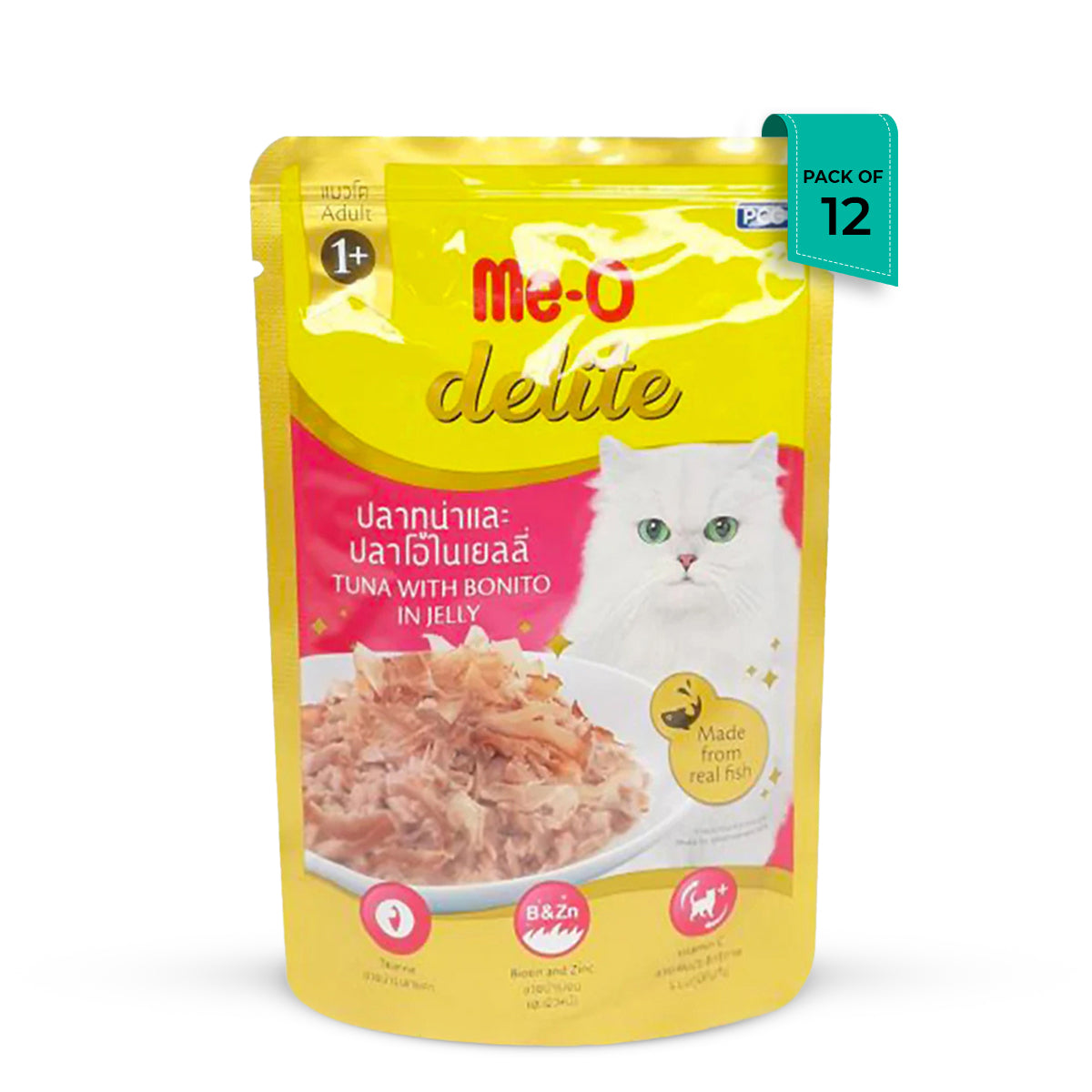 Me-O Delite Tuna with Bonito in Jelly Wet Cat Food - All Breed Adult - (70g x 12 Pouches)