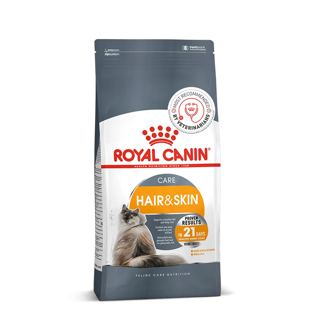 Royal Canin Hair & Skin Care adult dry cat food packaging available at Zigly