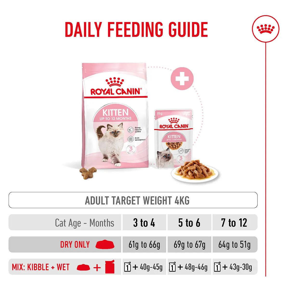 Royal Canin Kitten feeding guide for dry and wet food options available at zigly