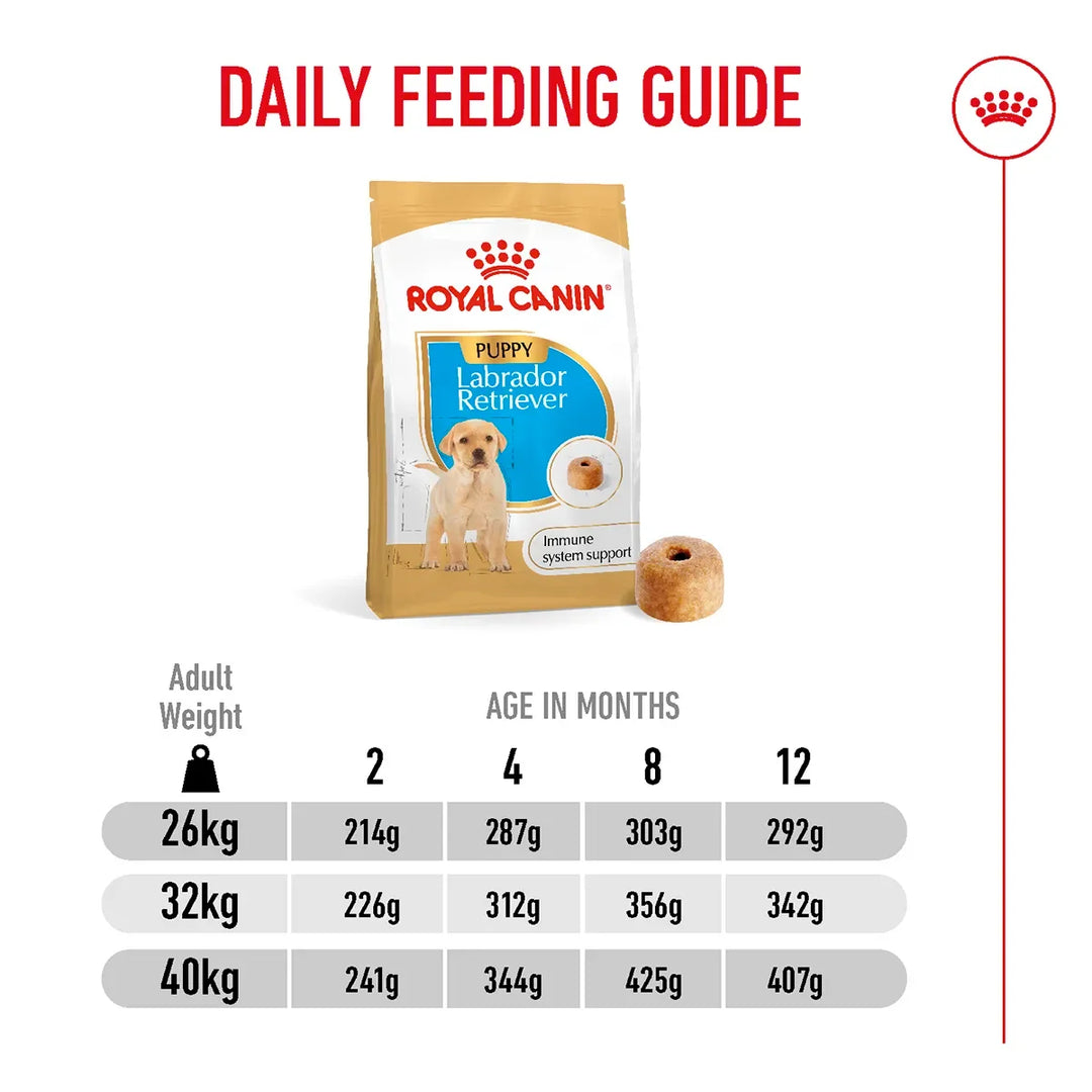 Royal Canin Labrador Retriever Puppy food daily feeding guide chart from zigly
