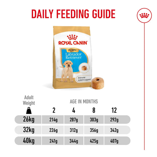 Royal Canin Labrador Retriever Puppy food daily feeding guide chart from zigly