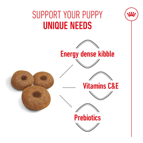 Royal Canin puppy food kibble with energy dense, vitamins C&E and prebiotics benefits on Zigly