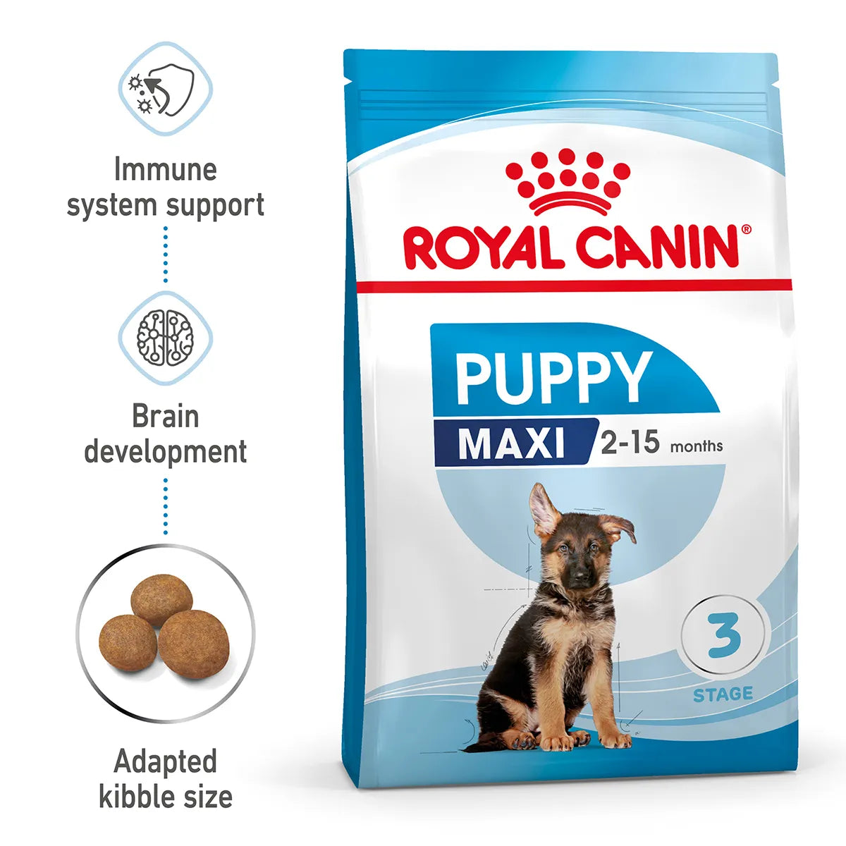 Royal Canin Maxi Puppy dry dog food packaging with zigly benefits for brain and immunity