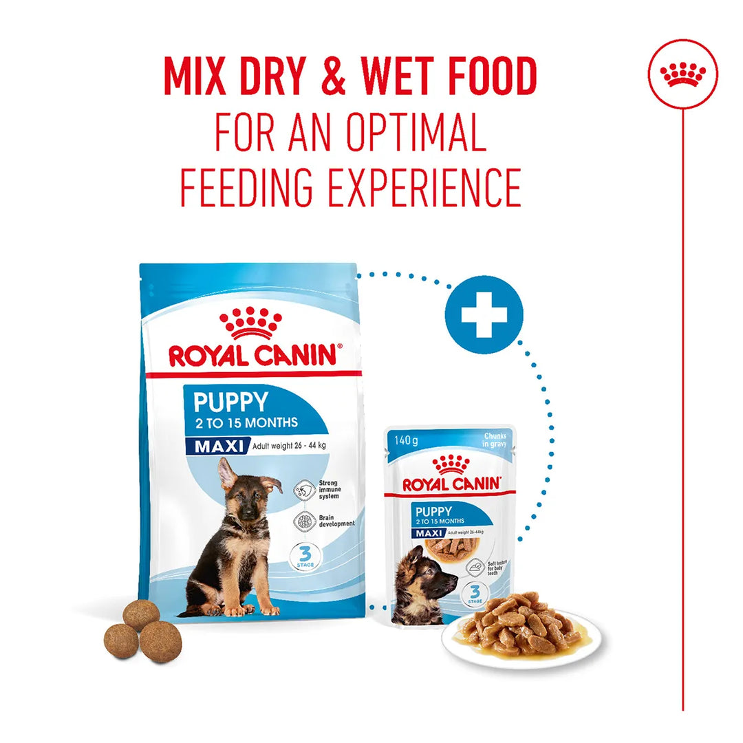 Royal Canin Maxi Puppy dry and wet food mix for optimal feeding, available on zigly