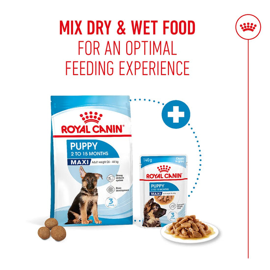 Royal Canin Maxi Puppy dry and wet food mix for optimal feeding, available on zigly