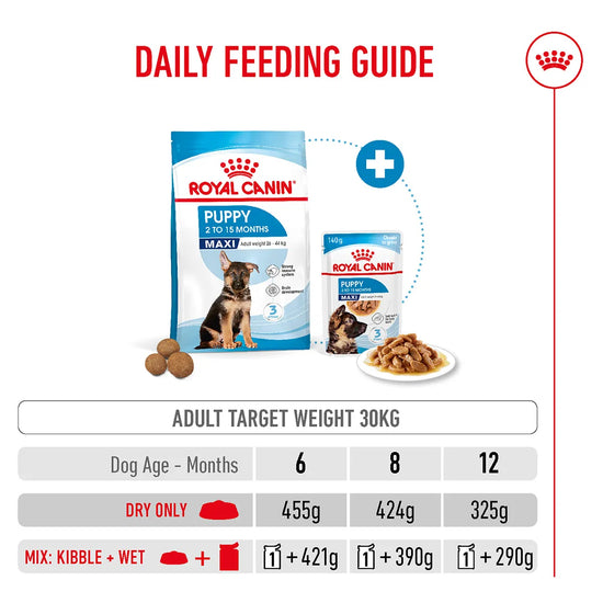 Royal Canin Maxi Puppy daily feeding guide for dry and mixed food options from zigly